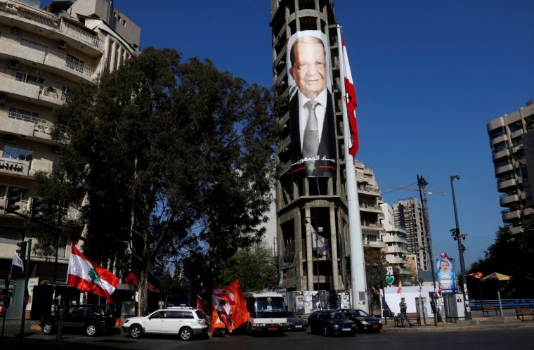 A picture of Christian politician and FPM founder Michel Aoun is displayed on a Beirut building.