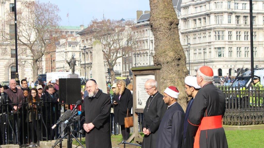 The Chief Rabbi with other faith leaders at the Westminster vigil