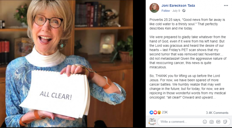 Joni Eareckson Tada Thanks Jesus After Being Declared Cancer Free ...