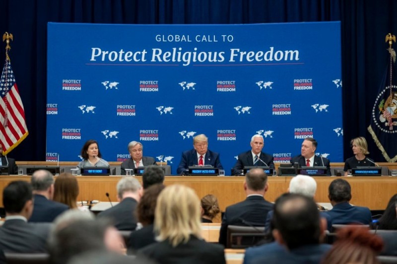 Vice President Mike Pence (third from the right) speaks during an event promoting international religious freedom at the United Nations headquarters in New York City on Sept. 23, 2019. Seated immediately to Pence's right is President Donald Trump.