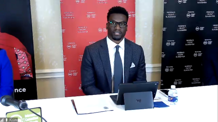 Benjamin Watson speaks at a press conference in Washington, D.C., on the violence in Nigeria on Sept. 16, 2020.