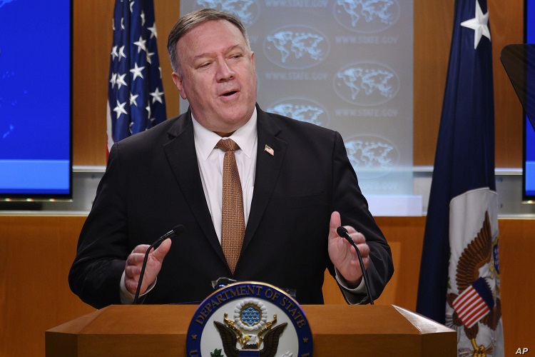 U.S. Secretary of State Mike Pompeo speaks during a news conference at the State Department on Wednesday, March 25, 2020, in Washington.