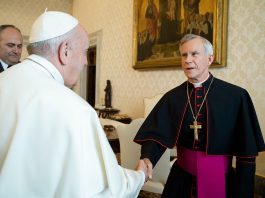 Pope Francis greets Bishop Joseph E. Strickland of Tyler, Texas, during a meeting with U.S. bishops from Arkansas, Oklahoma and Texas during their "ad limina" visits to the Vatican Jan. 20, 2020.